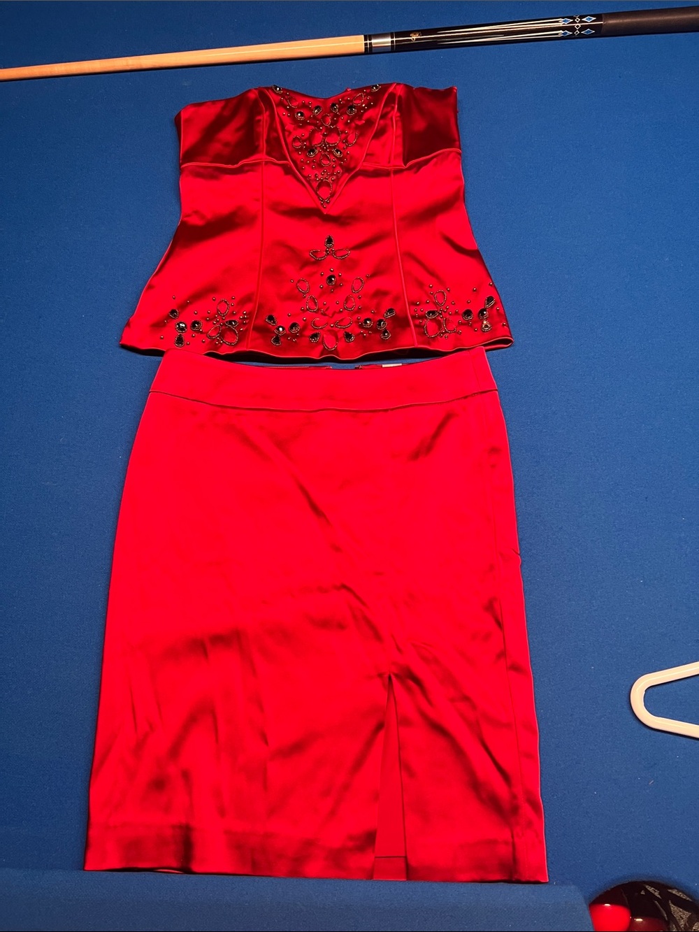 Cache Red Satin Pencil Skirt with Matching Embellished Corset